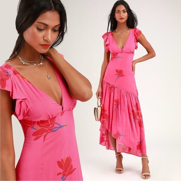 Free People Dresses & Skirts - Free People Tropical Hawaiian Hibiscus Hot Pink Floral Maxi Dress Size 8 Summer